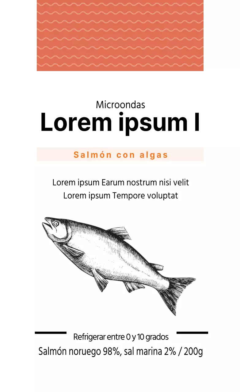 Etiqueta naranja ilustrada de envasado de pescado para salmón ahumado
