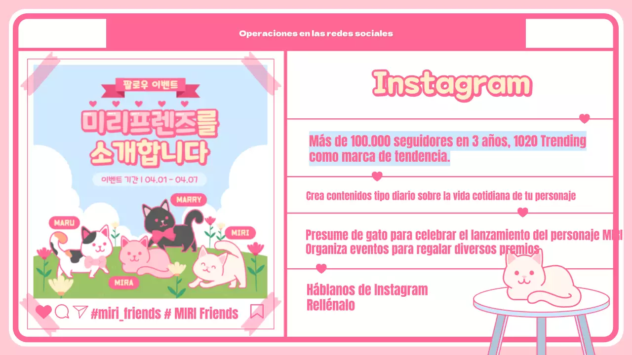 Simpática página de presentación de personajes y productos con fondo rosa a cuadros