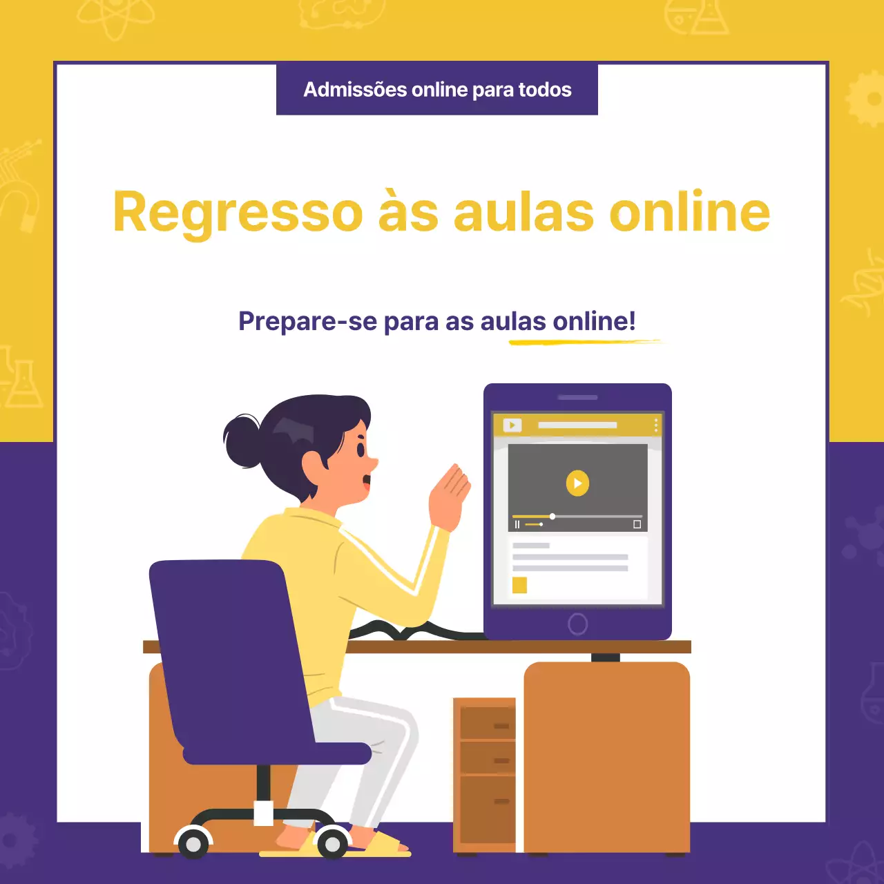 Um anúncio em linha simples, amarelo e púrpura, para admissões presenciais