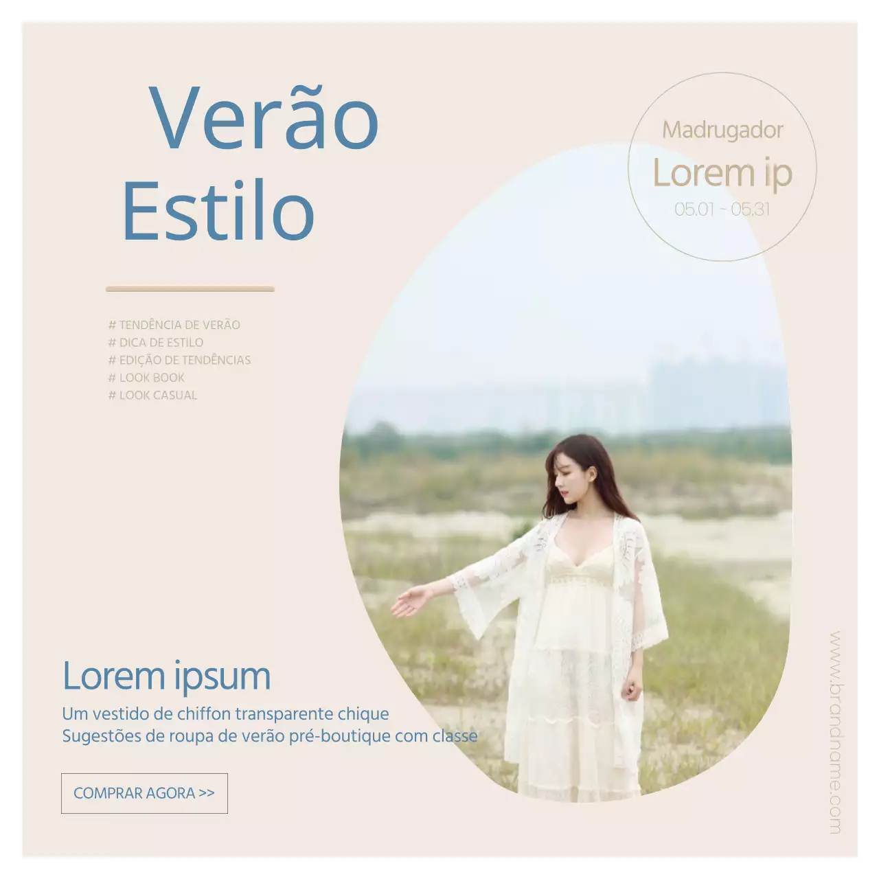Promover sugestões de fatos de verão em bege e azul e eventos (praças nas redes sociais)