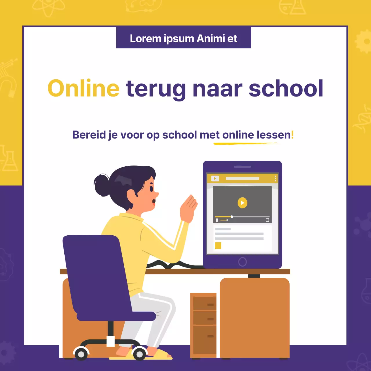 Een heldere, geel-paarse online aankondiging voor persoonlijke toelatingen