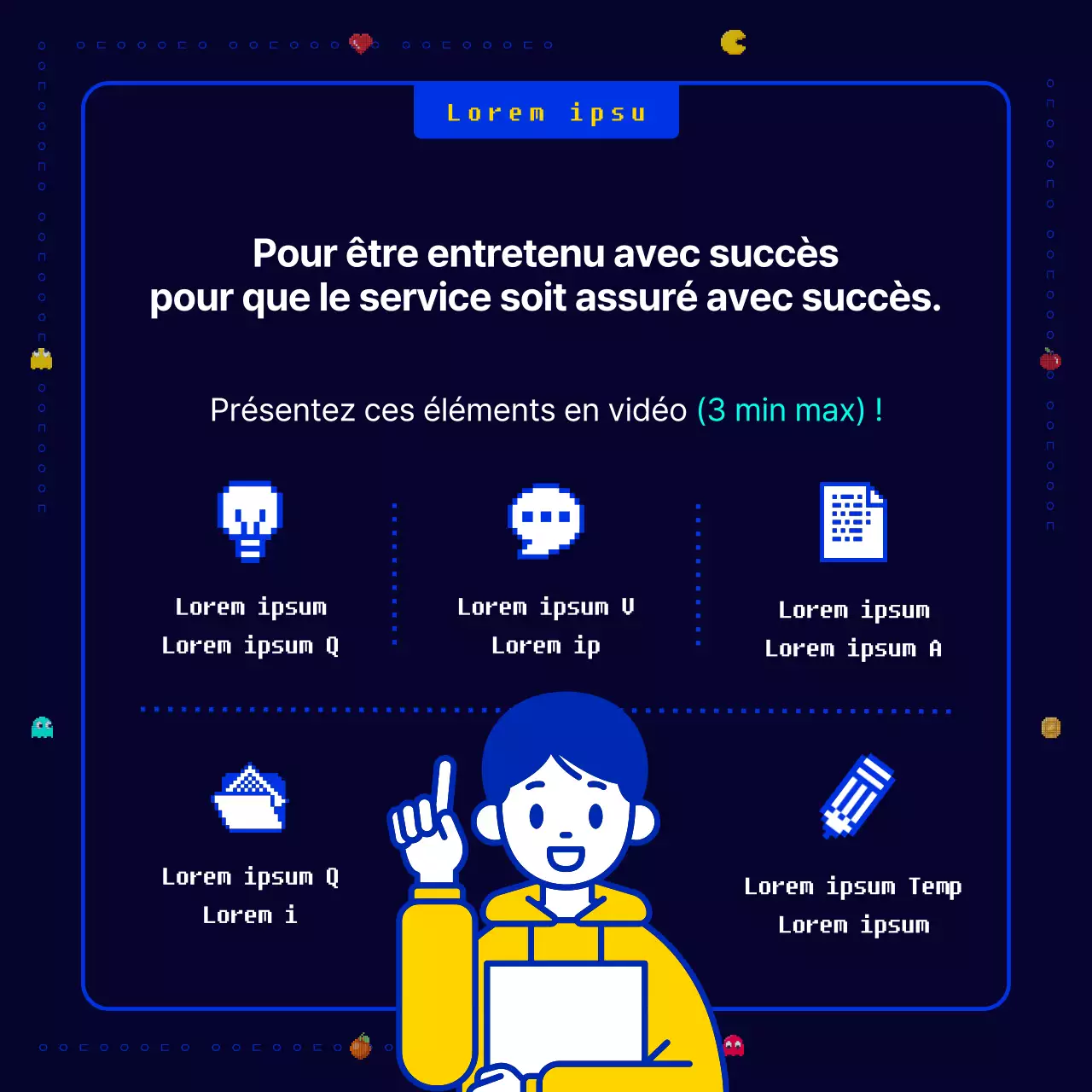 Un jeu de pixels Pac-Man original, amusant et rétro en bleu marine et jaune Appel à de nouvelles idées commerciales pour une entreprise.