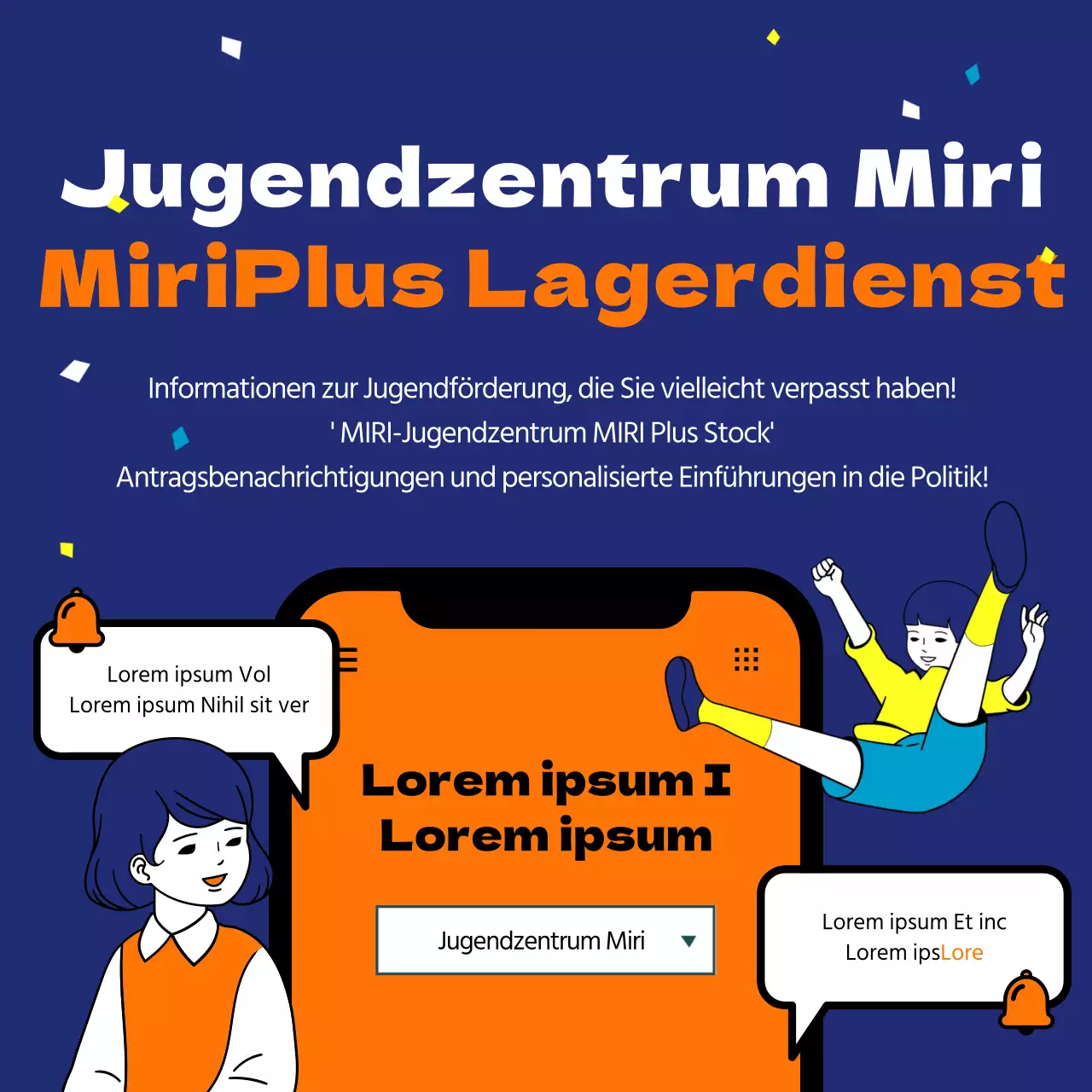 Melden Sie sich an, um Benachrichtigungen über Informationen zur Jugendförderpolitik mit lustigen und verspielten Illustrationen in Orange und Marineblau zu erhalten.