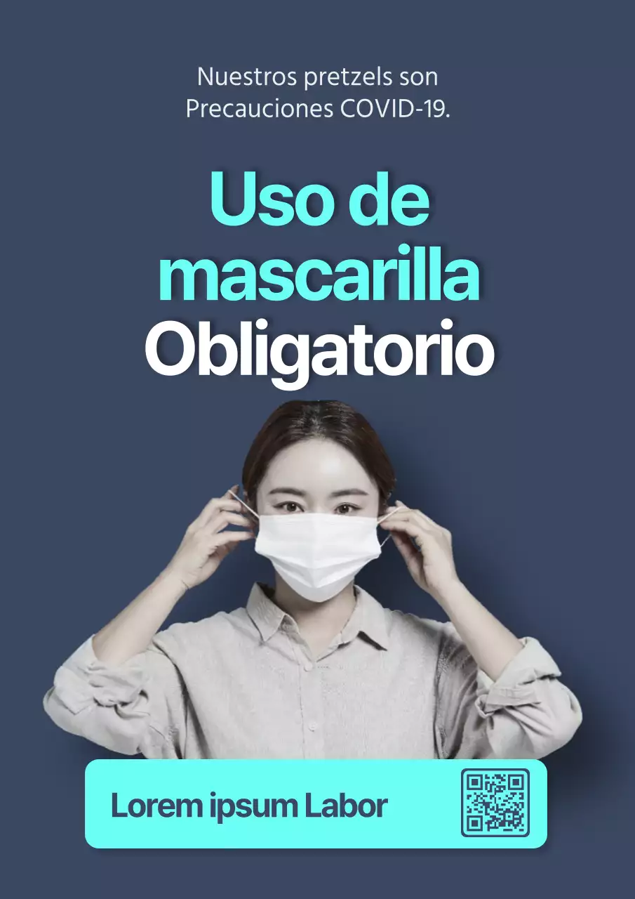Un cartel limpio con una modelo femenina que lleva una máscara sobre un fondo azul marino.