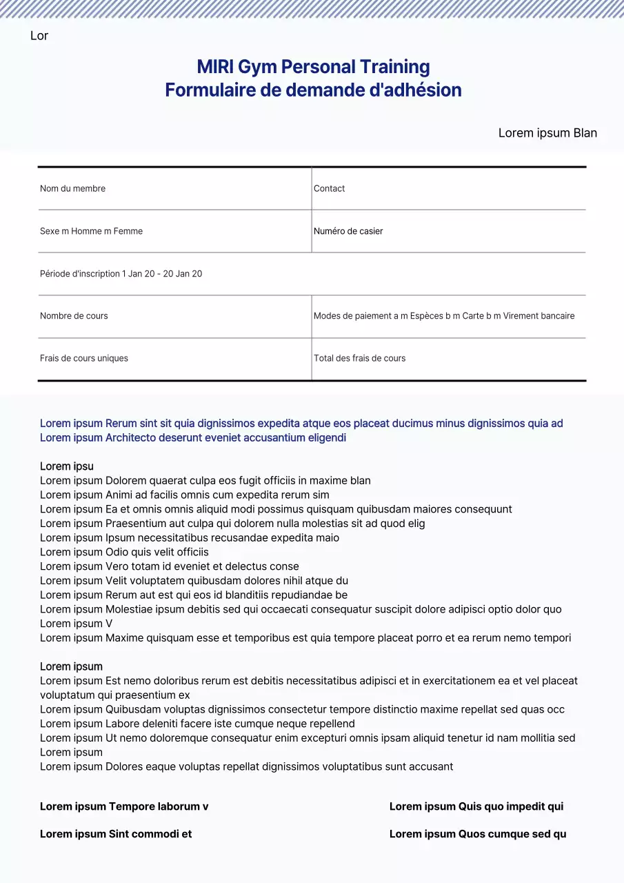 Le formulaire de demande d'adhésion à The Blue Fitness