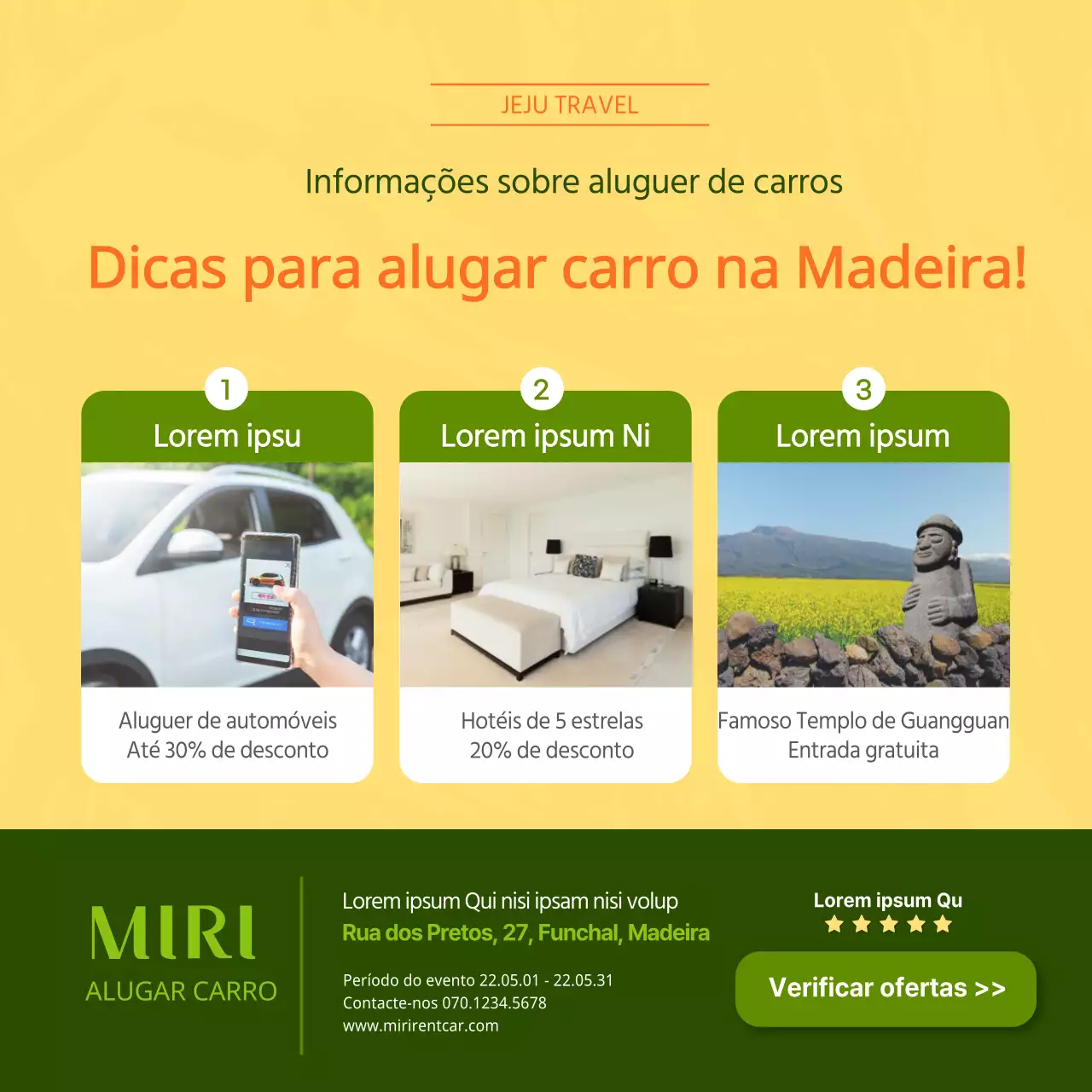 Um esquema de cores simples em amarelo e verde para promover descontos no aluguer de automóveis na Ilha de Jeju