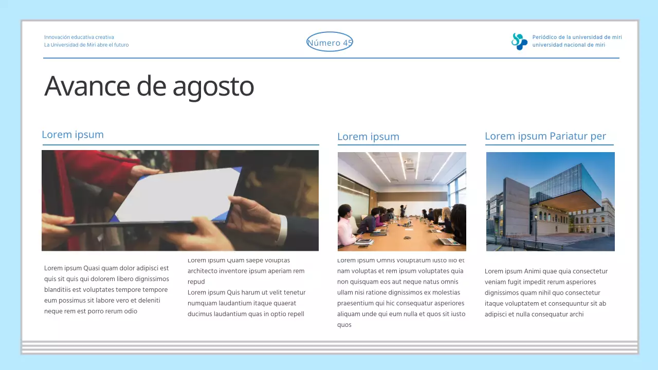 Periódico de presentación de información variada universitaria sencilla de color azul claro