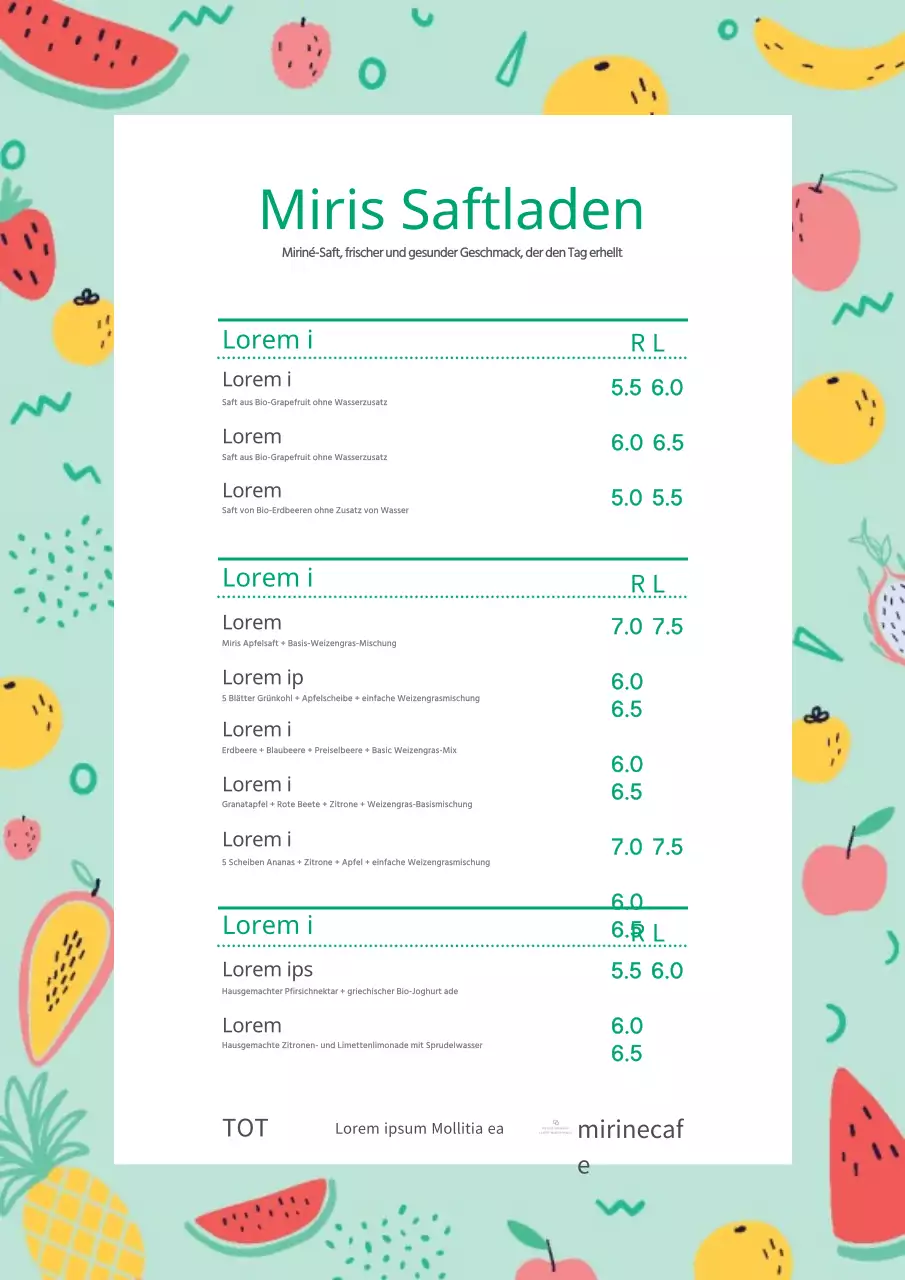Niedlicher Obstrahmen Drink Menu Tisch