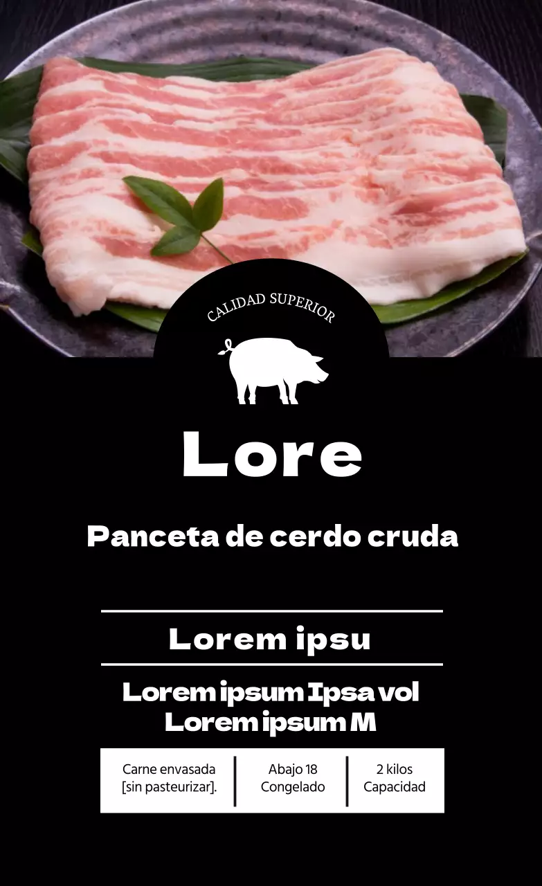 Etiqueta alimentaria de panceta de cerdo con foto negra