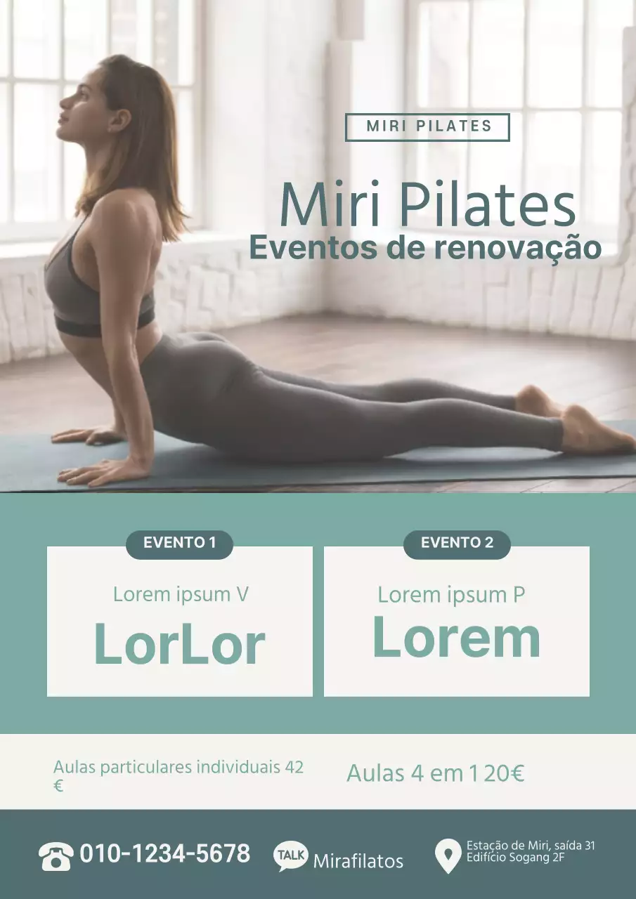 Promova um evento aberto de Pilates com uma fotografia sua a fazer Pilates em cor de menta e laranja.