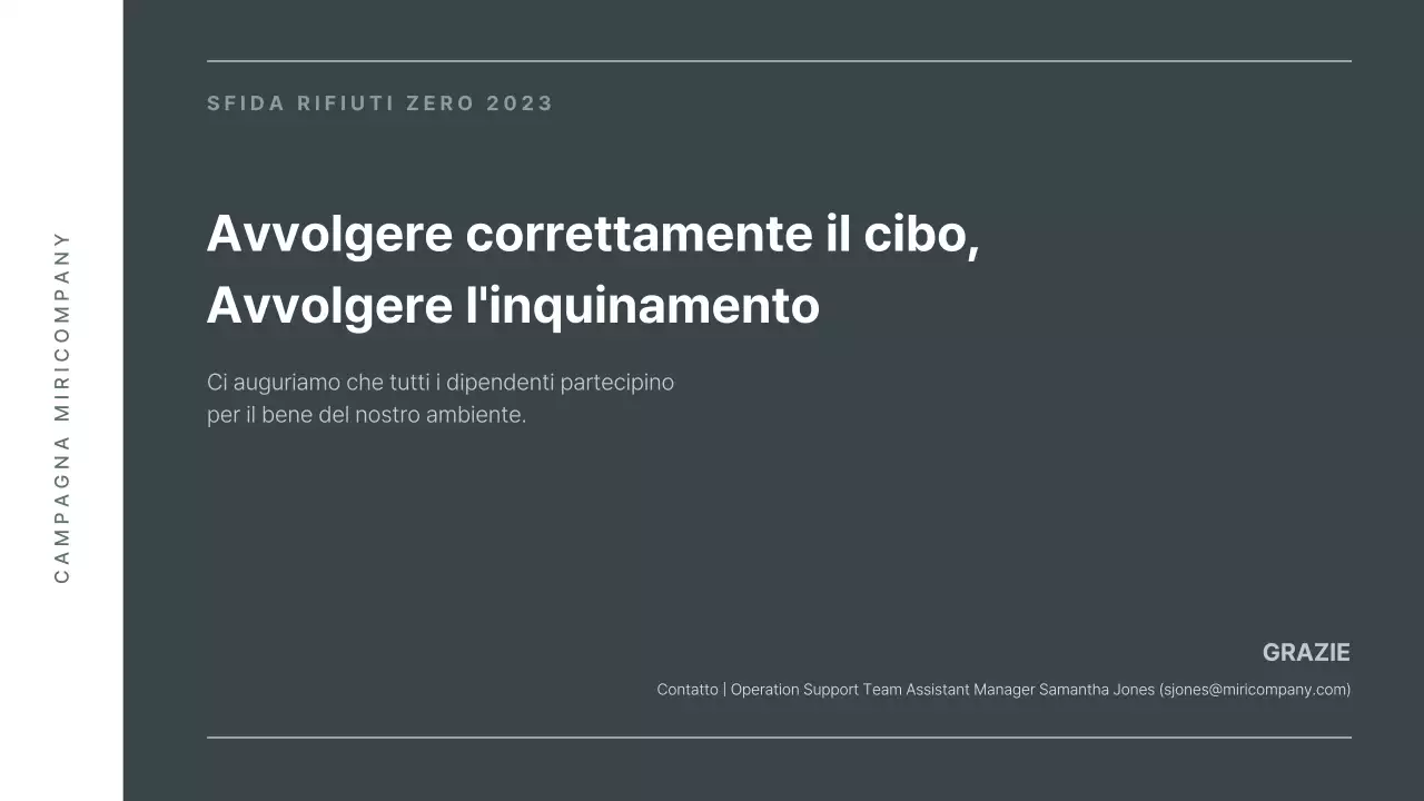 Presentazione di una campagna ambientale interna con toni verdi e rilassanti.