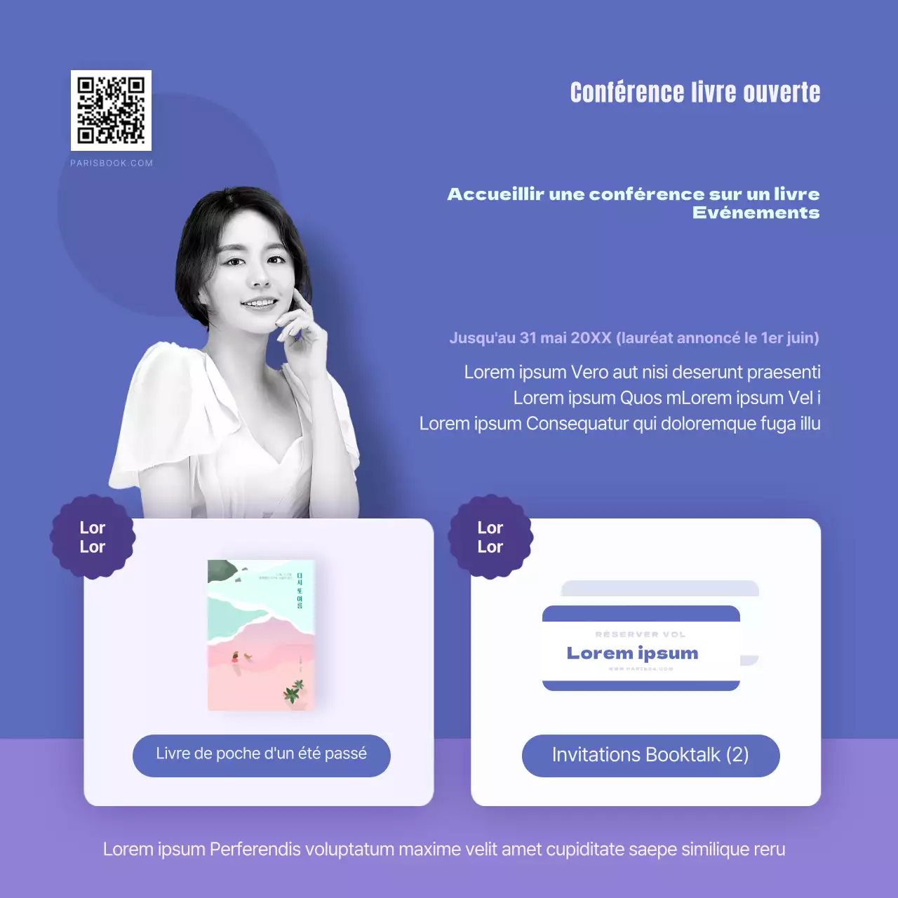 Carte de concert Booktalk en bleu et violetNews design