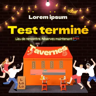 Une taverne en briques noires avec des néons scintillants sur une base en briques noires Réservation de médias sociaux