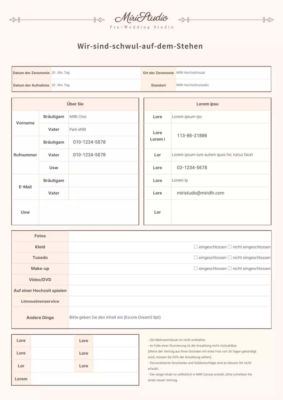 Braune saubere Vertragsvorlage für ein Hochzeitsstudio