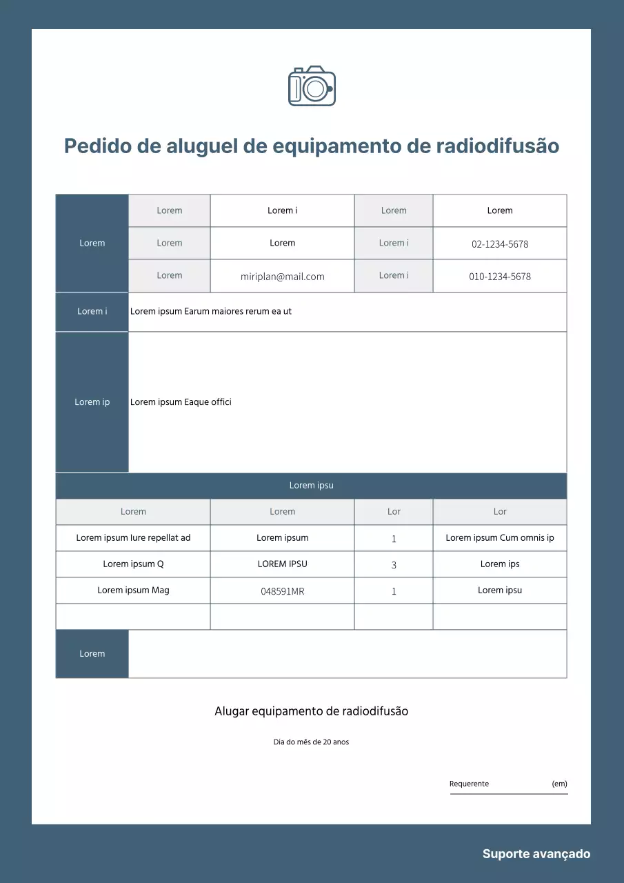 Aplicação simples de aluguer de equipamento de radiodifusão em azul-marinho escuro.