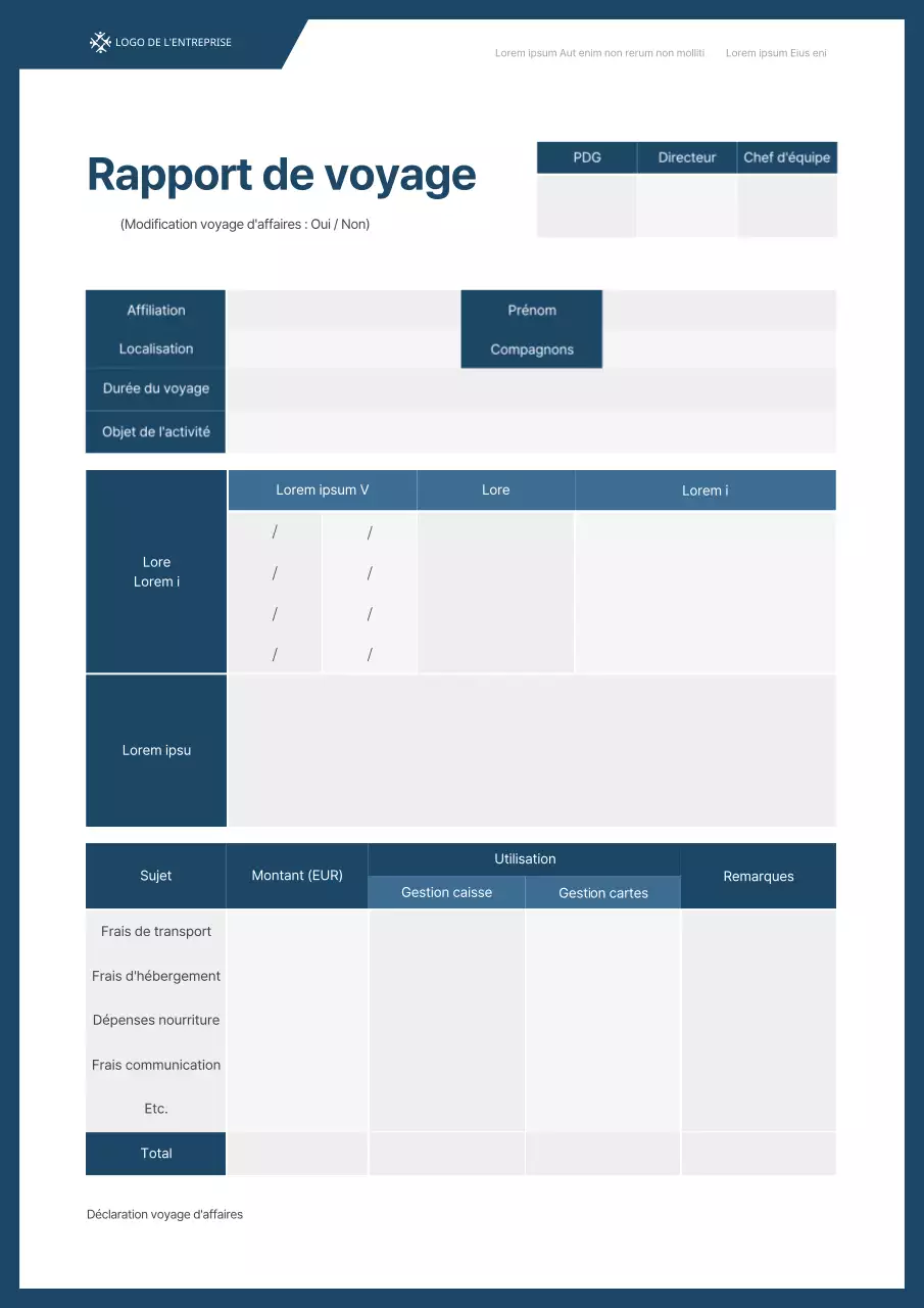 Un concept simple en bleu marine et blanc pour un rapport de voyage d'affaires