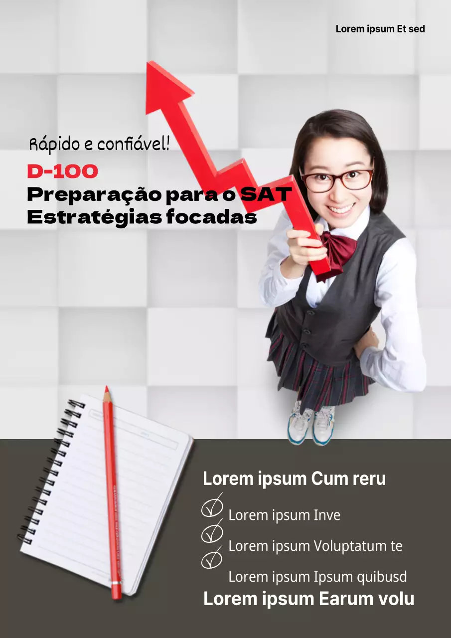 Um simples folheto cinzento e vermelho para uma aula especial de preparação para exames numa escola privada