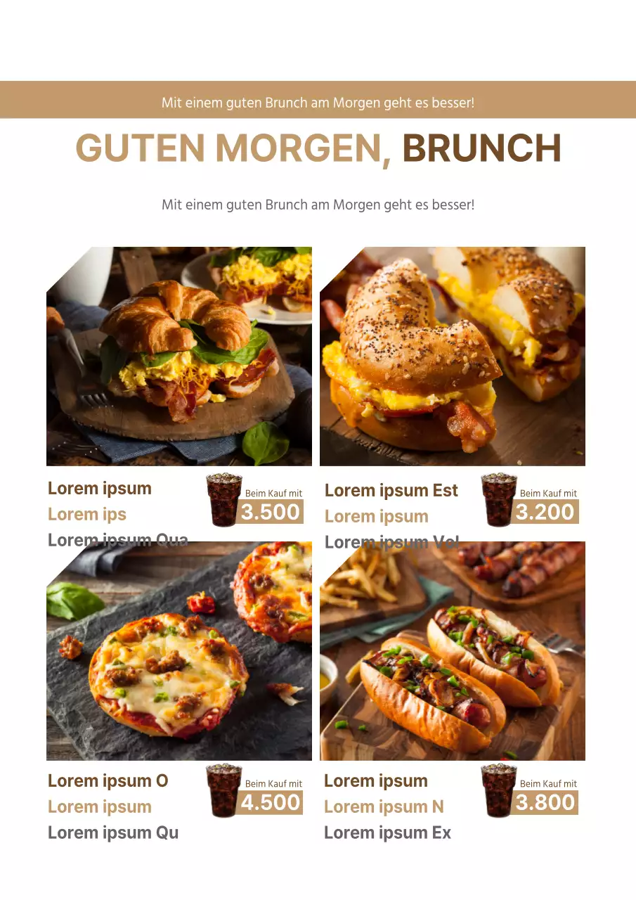 Werbung für ein Brunch-Menü mit beigen Fotos von Lebensmitteln