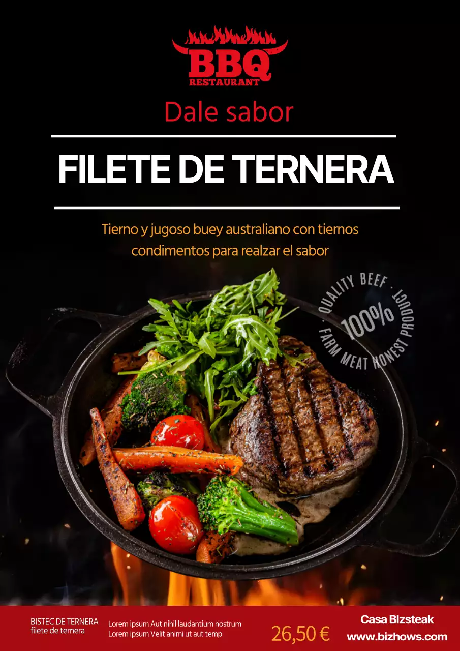 Black fiery steak BBQ para promocionar el menú de un restaurante
