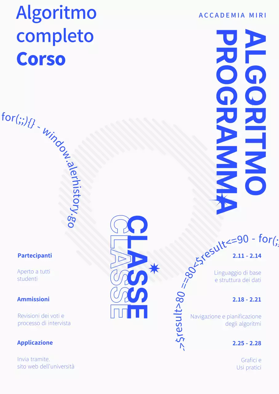 Un poster pulito per lezioni di algoritmi in blu e grigio
