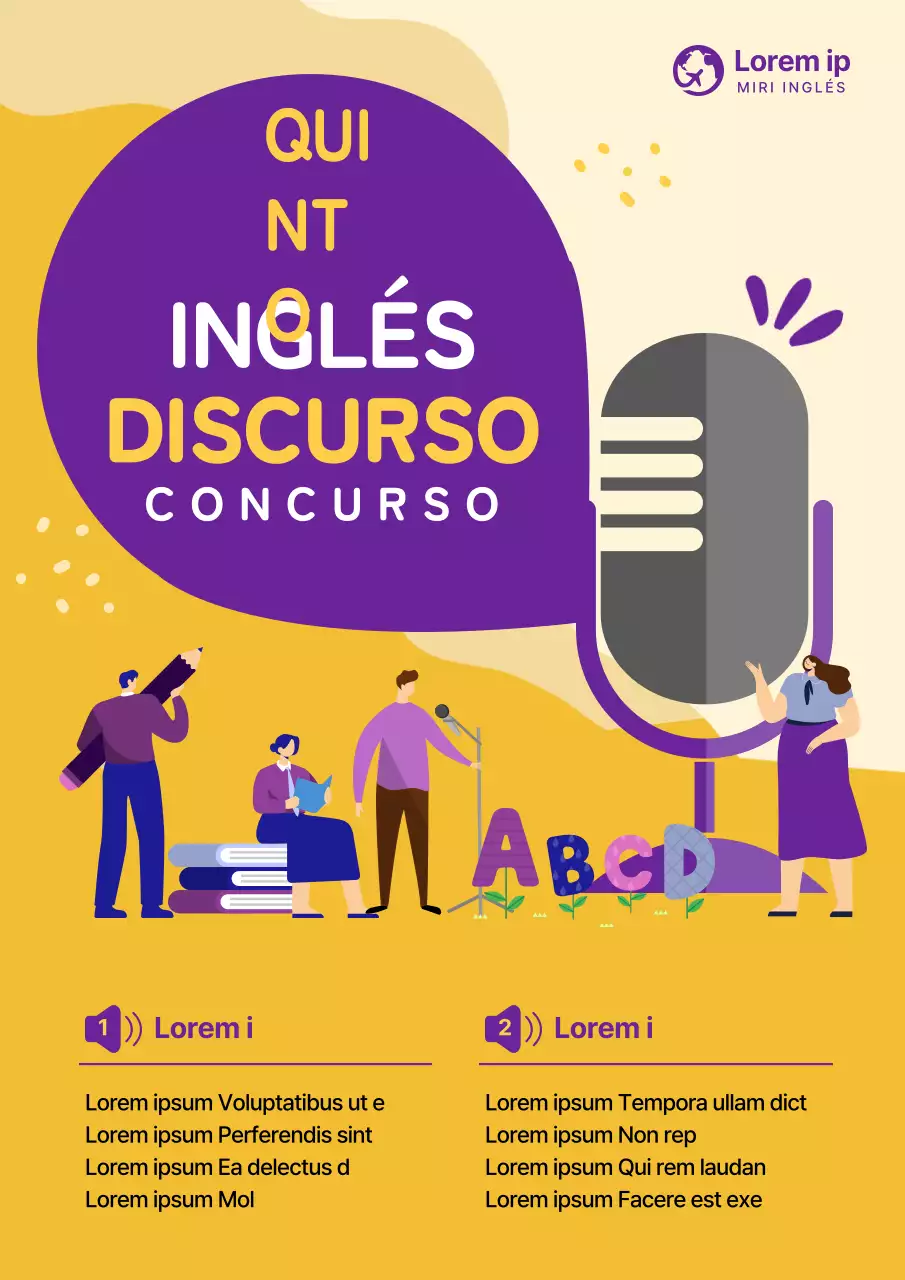 Ilustraciones de estudiantes en púrpura y guía amarilla para el Concurso de Oratoria en Inglés