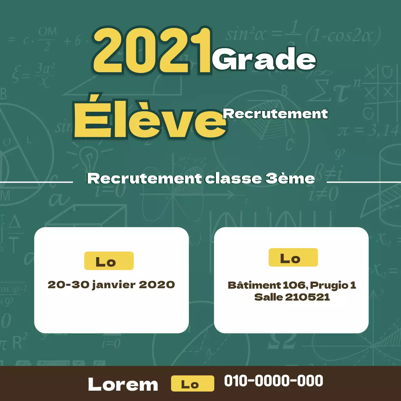 Tableau noir avec des lettres surlignées en vert Recrutement d'élèves à l'école