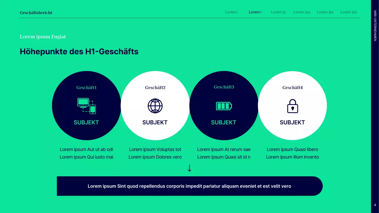 Einfacher Leistungsbericht für das erste Halbjahr mit marineblauen und grünen Kreisen