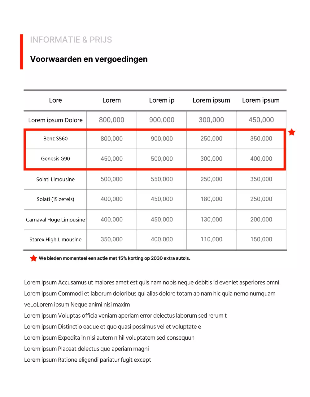 Eenvoudige limousine promotie detailpagina in rode puntkleur