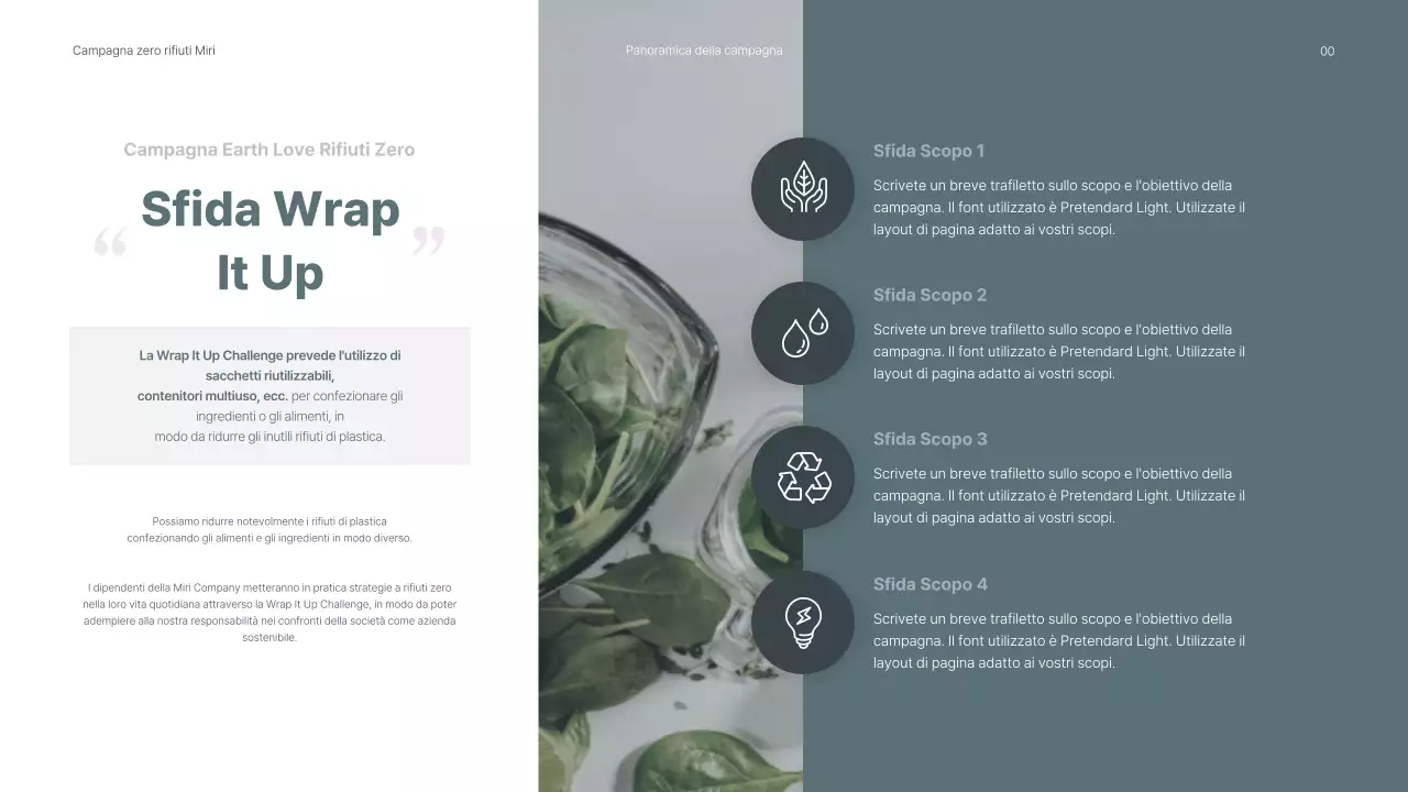 Presentazione di una campagna ambientale interna con toni verdi e rilassanti.