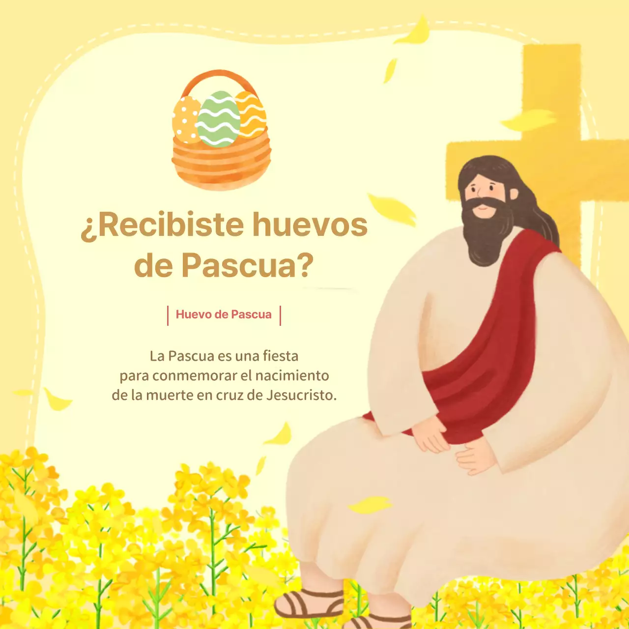 Pascua y la descripción del huevo y la invitación de la iglesia con fondo floral amarillo
