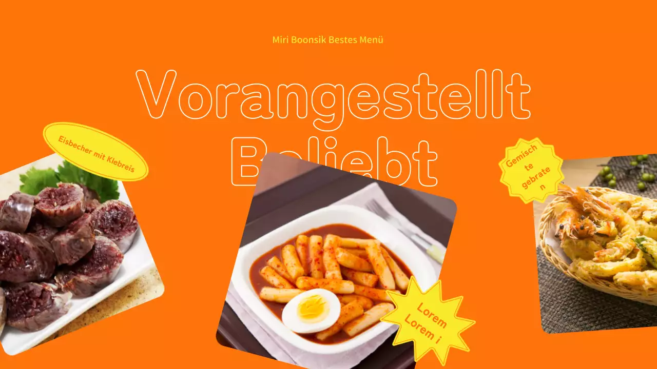 Profil eines Catering-Unternehmens mit orangefarbenen und gelben Farbakzenten und Fotolayout