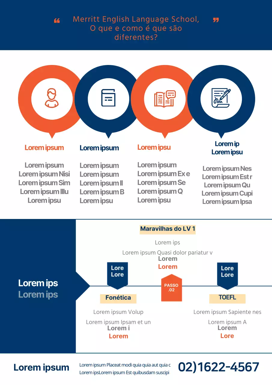 Promova a sua escola de inglês com ícones de estudo e infografias em azul e laranja