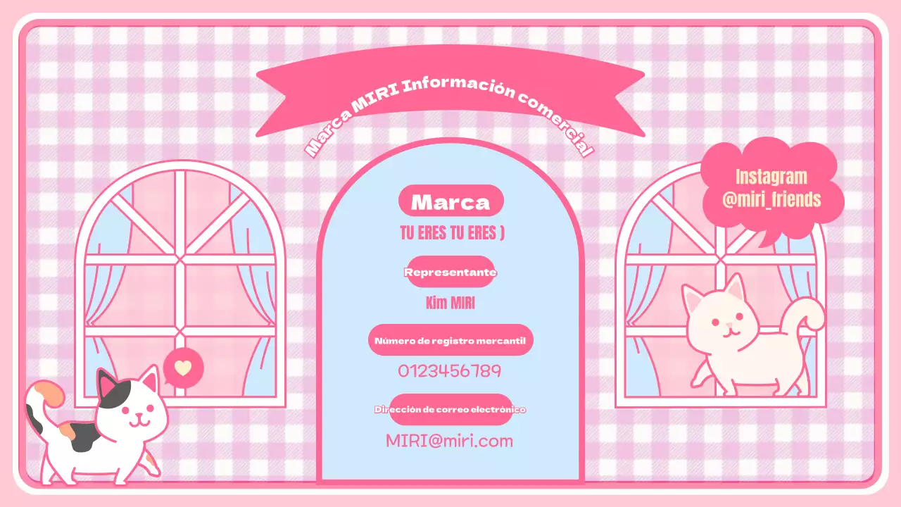 Simpática página de presentación de personajes y productos con fondo rosa a cuadros