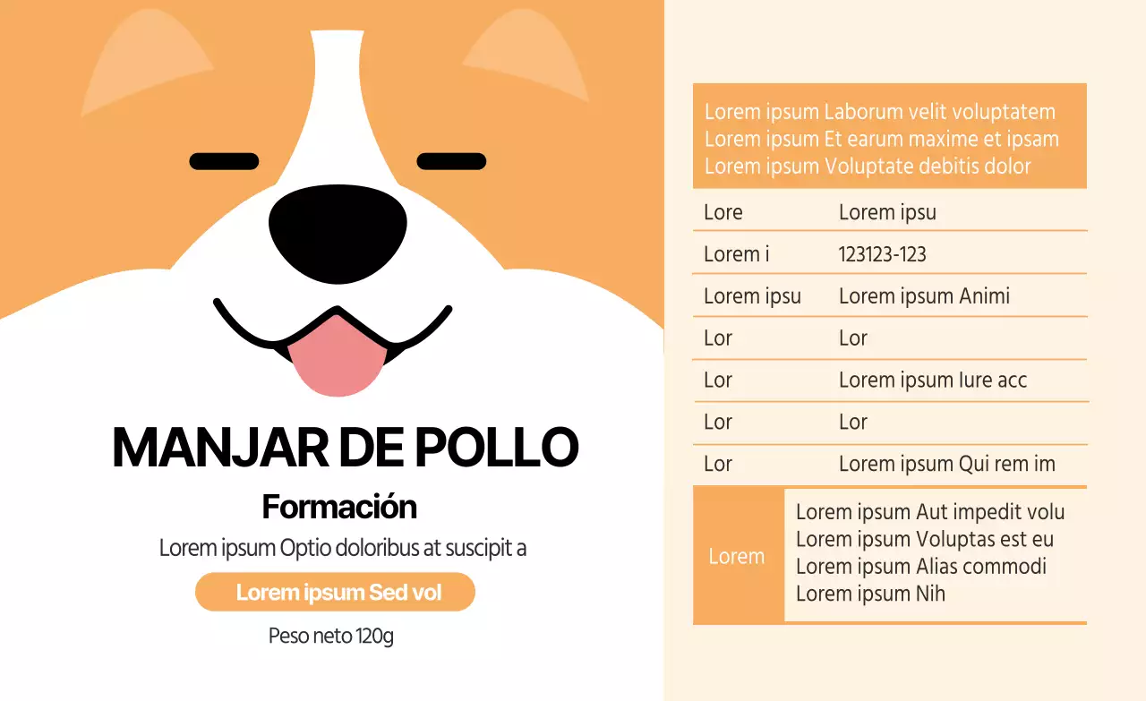 Etiqueta naranja ilustrada de golosinas para mascotas