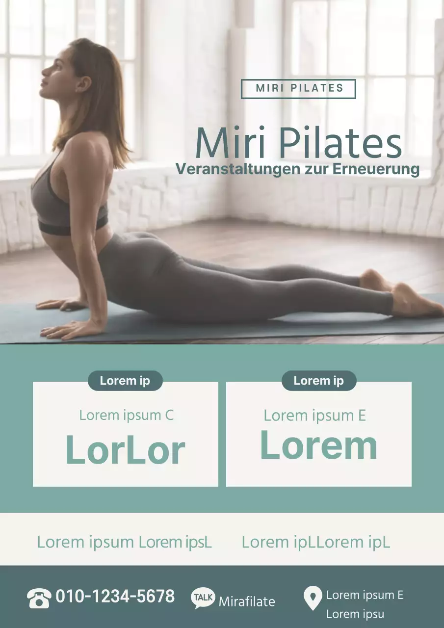 Werben Sie mit einem Foto von Ihnen, wie Sie in Mint und Orange Pilates machen, für eine nette offene Pilates-Veranstaltung.