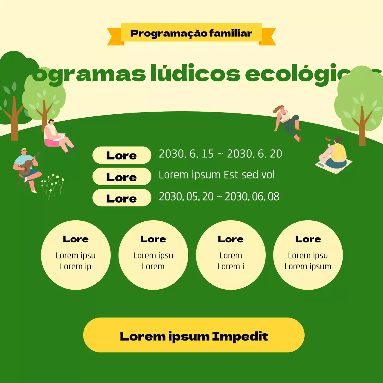 Programa lúdico ecológico ilustrado em amarelo e verde