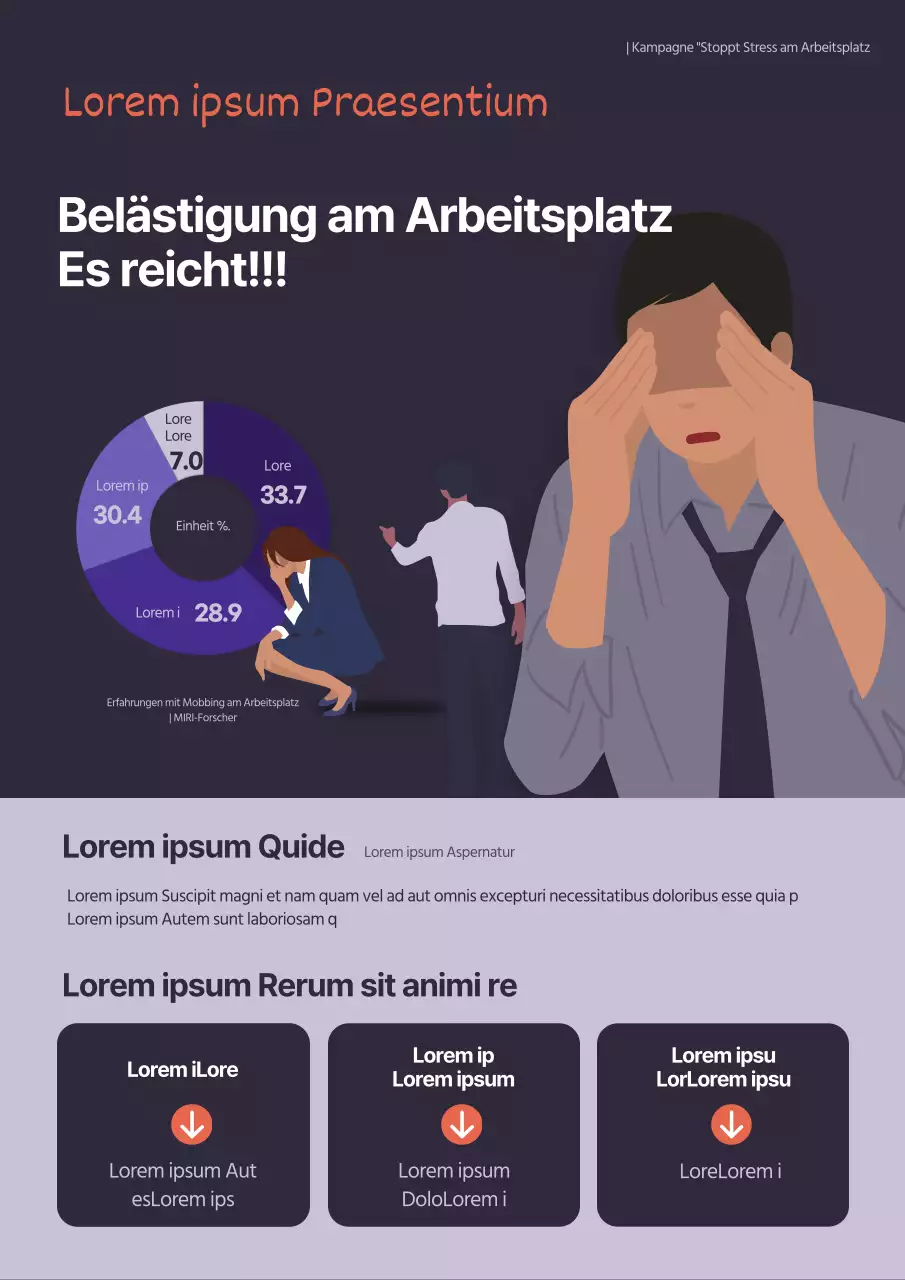 Illustration einer dunkelvioletten Arbeitsplatzkampagne gegen Mobbing am Arbeitsplatz.