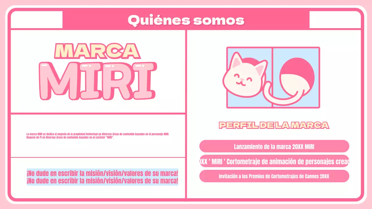 Simpática página de presentación de personajes y productos con fondo rosa a cuadros