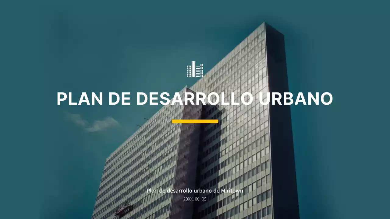 Tema urbanístico de construcción inmobiliaria en azul y amarillo (presentación)