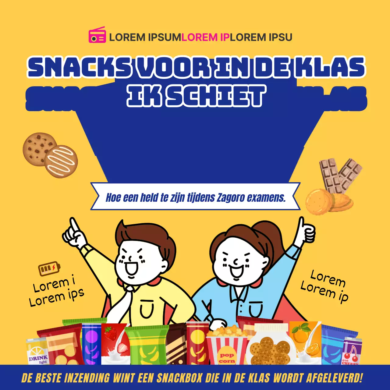 Een schattige geel met blauwe proefperiode snack box levering evenement