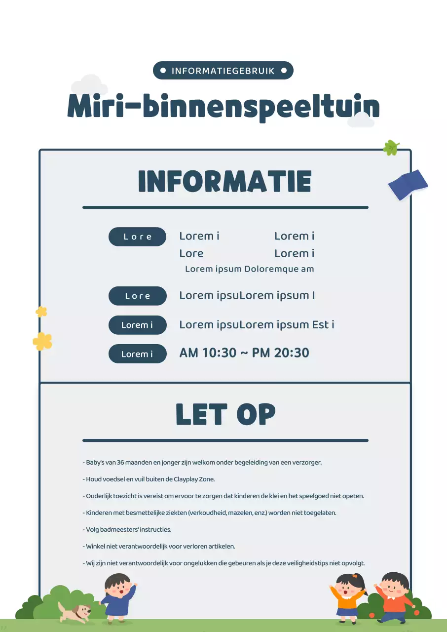 Schattige illustratiestijl in marineblauw en groen Informatie over binnenspeeltuinen