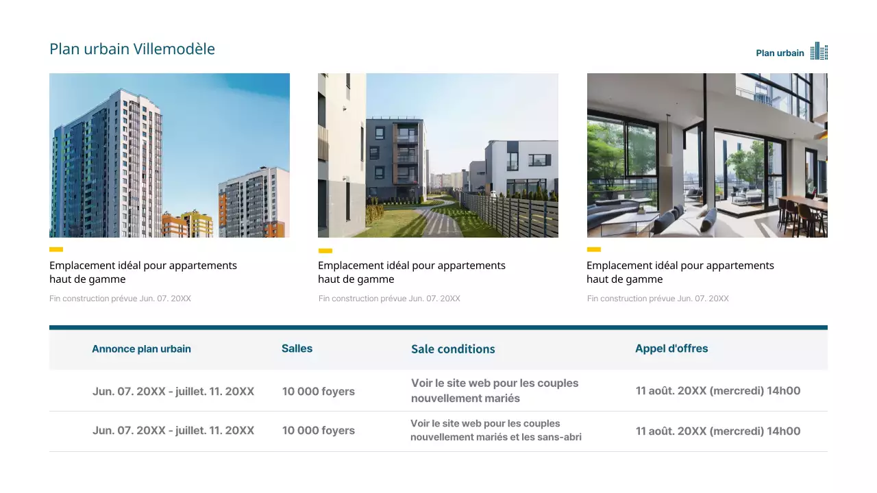 Thème de l'immobilier, de la construction et du développement urbain en bleu et jaune (présentation)