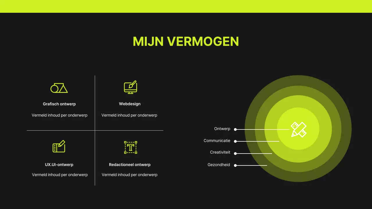 Raster concept designer portfolio in limoengroen en zwart