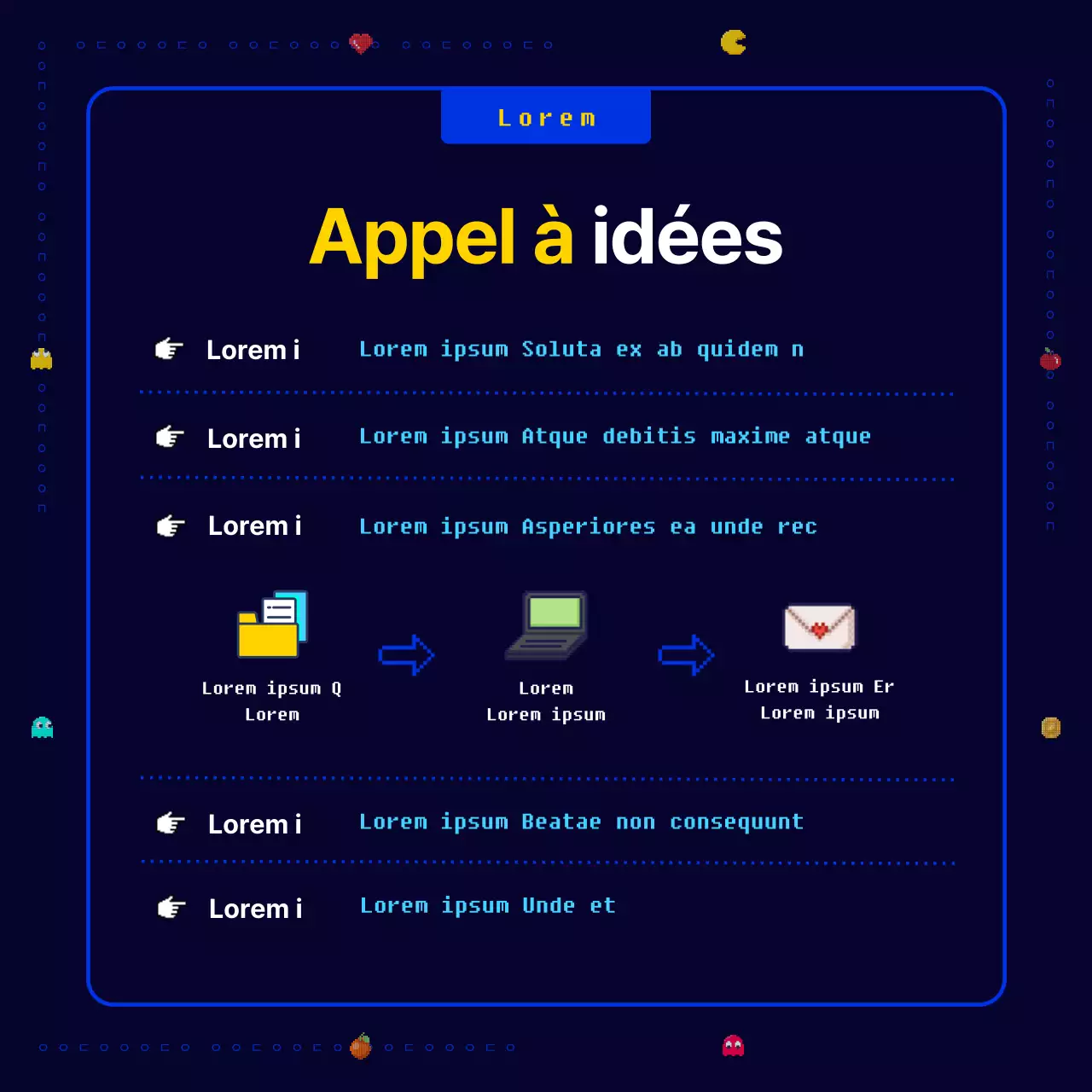 Un jeu de pixels Pac-Man original, amusant et rétro en bleu marine et jaune Appel à de nouvelles idées commerciales pour une entreprise.
