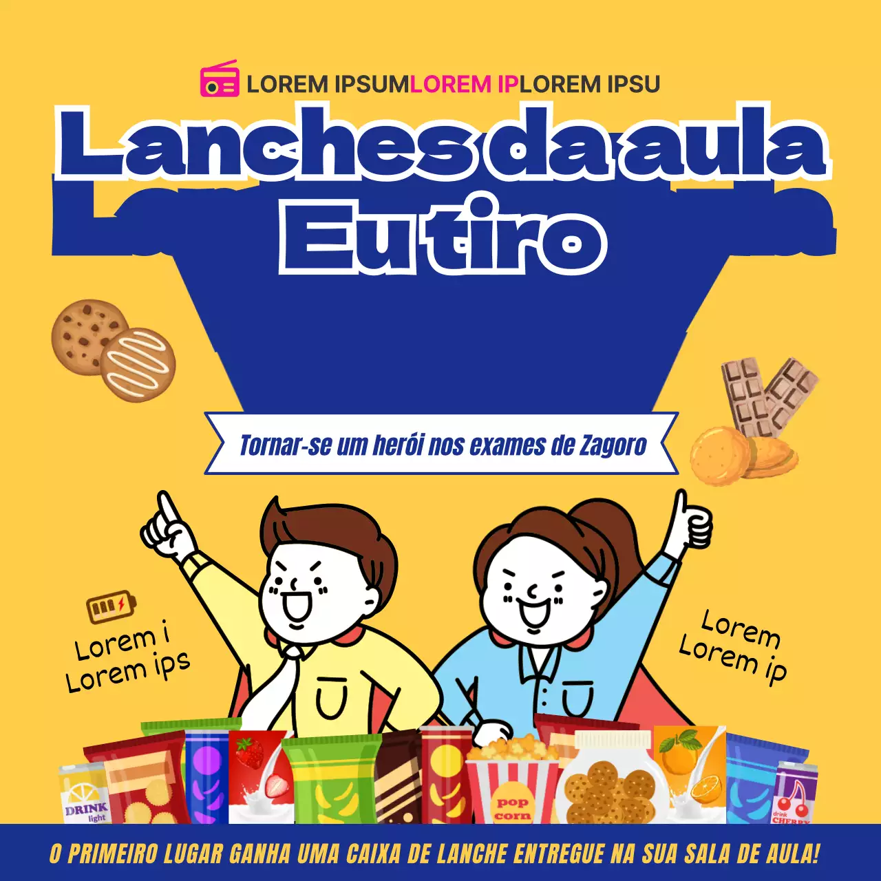 Um bonito evento de entrega de caixas de snacks amarelas e azuis para o período experimental