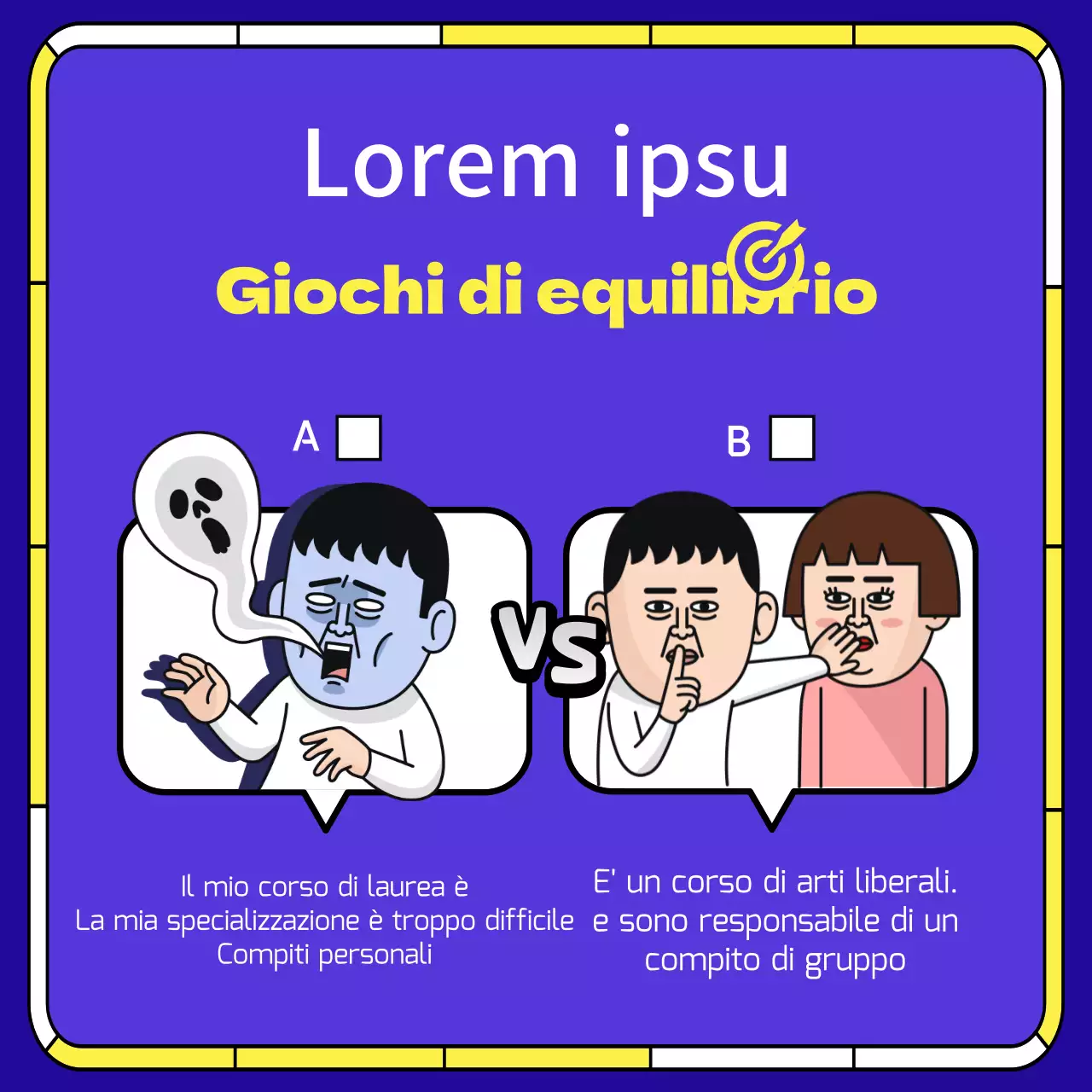Modello di gioco per l'equilibrio della vita universitaria in viola e giallo