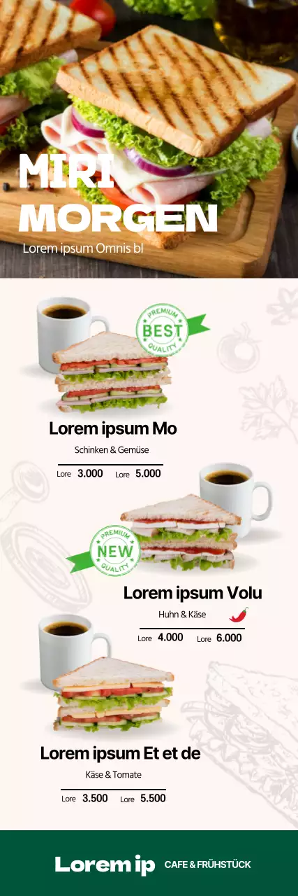 Saubere Restaurant-Sandwichkarte mit grüner Fotohervorhebung