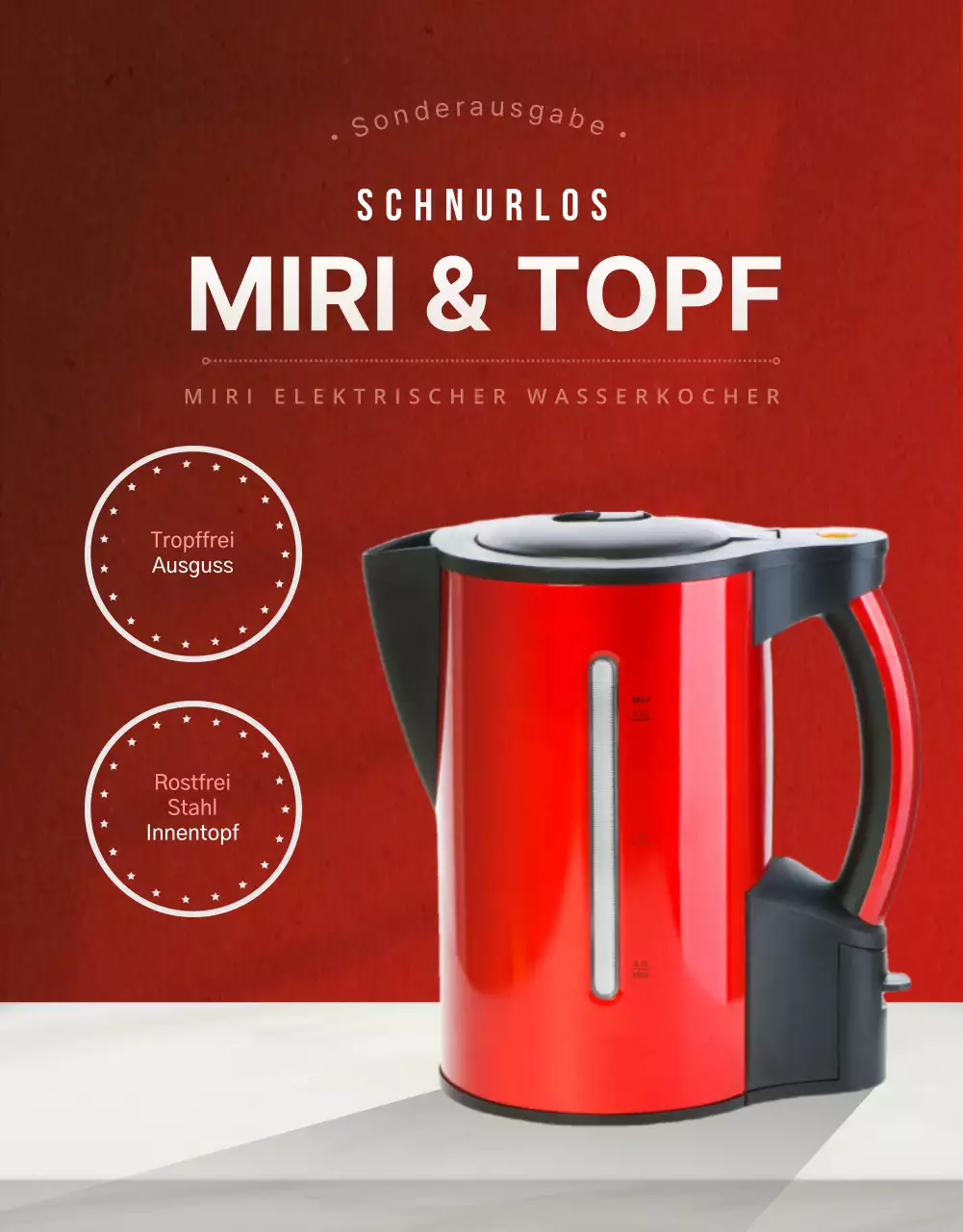 Einfacher elektrischer Wasserkocher in den Farben Rot und Grau