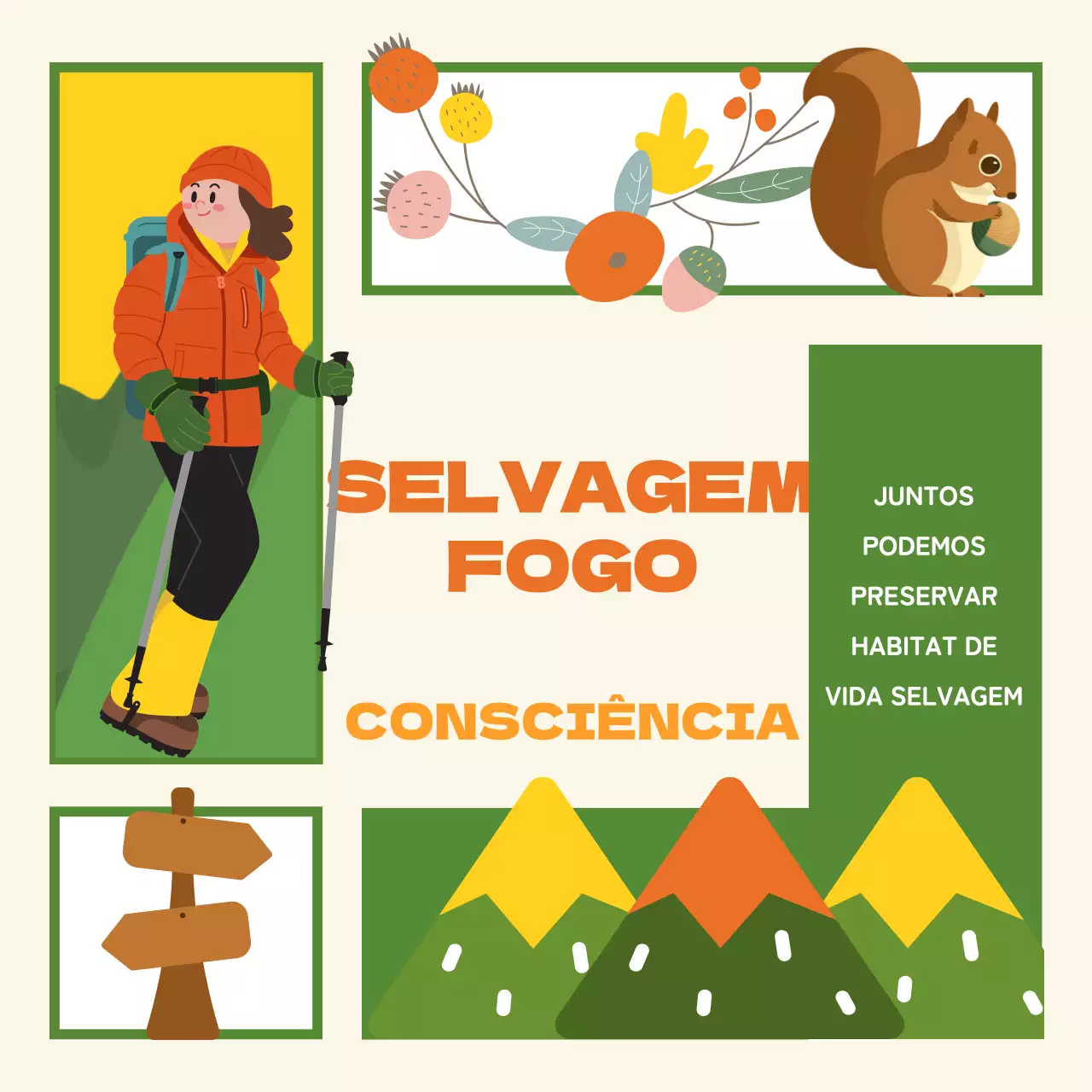 Uma bonita campanha de prevenção de incêndios florestais ilustrada a verde e amarelo