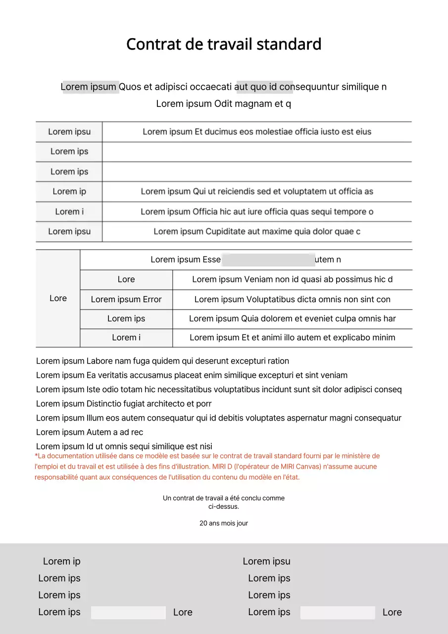 Formulaire de documentation du contrat de travail type